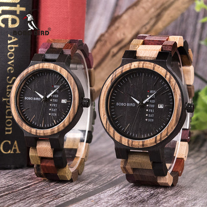 Popo Bird Lovers Wood Watch And Day Display Date Quartz Watch Classic Color Wood Watch