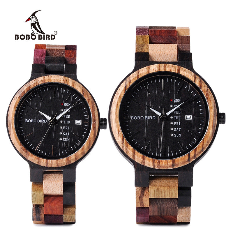 Popo Bird Lovers Wood Watch And Day Display Date Quartz Watch Classic Color Wood Watch
