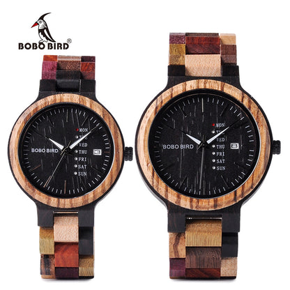Popo Bird Lovers Wood Watch And Day Display Date Quartz Watch Classic Color Wood Watch