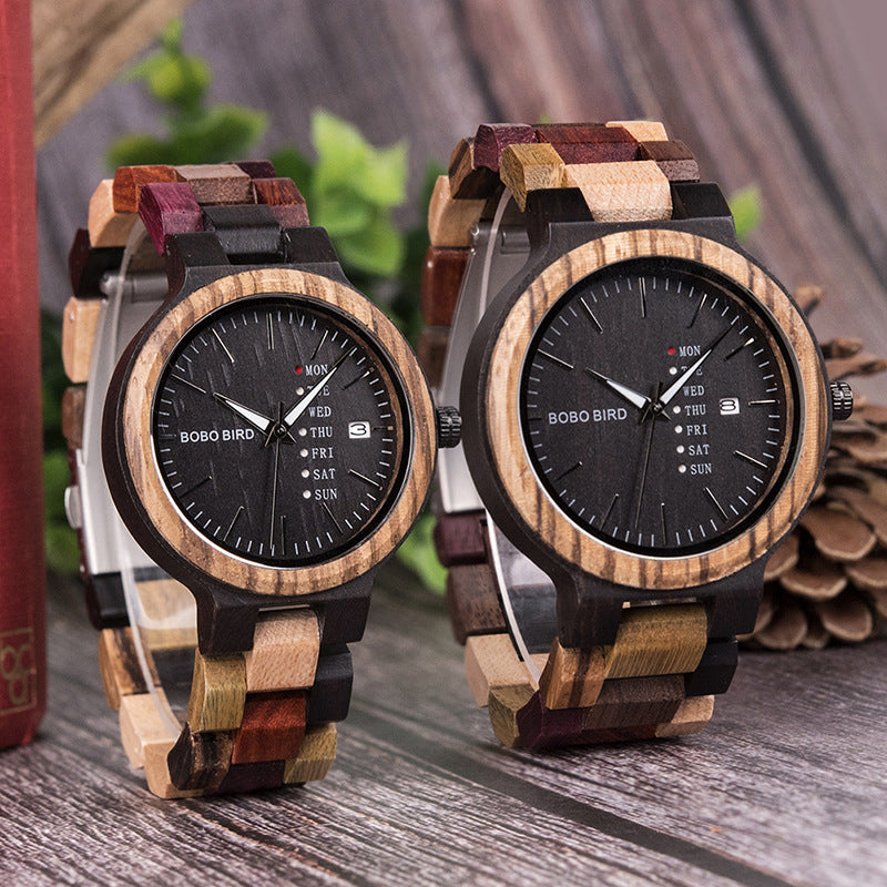 Popo Bird Lovers Wood Watch And Day Display Date Quartz Watch Classic Color Wood Watch