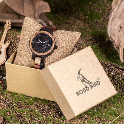 Popo Bird Lovers Wood Watch And Day Display Date Quartz Watch Classic Color Wood Watch