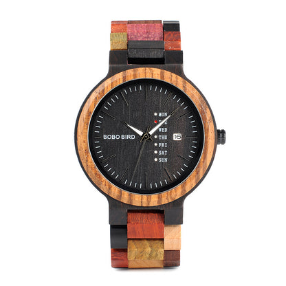 Popo Bird Lovers Wood Watch And Day Display Date Quartz Watch Classic Color Wood Watch