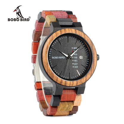 Popo Bird Lovers Wood Watch And Day Display Date Quartz Watch Classic Color Wood Watch