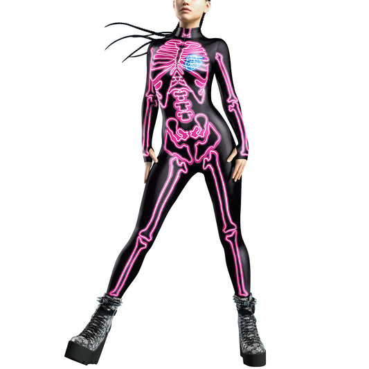 Cross-border Exclusive Supply Source European And American Women&#039;s Clothing Halloween Human Skeleton 3D Digital Printing Tights Women&#039;s Jumpsuit