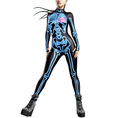 Cross-border Exclusive Supply Source European And American Women&#039;s Clothing Halloween Human Skeleton 3D Digital Printing Tights Women&#039;s Jumpsuit